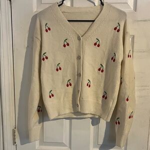 Cherry Patterned Cream Cardigan Sweater